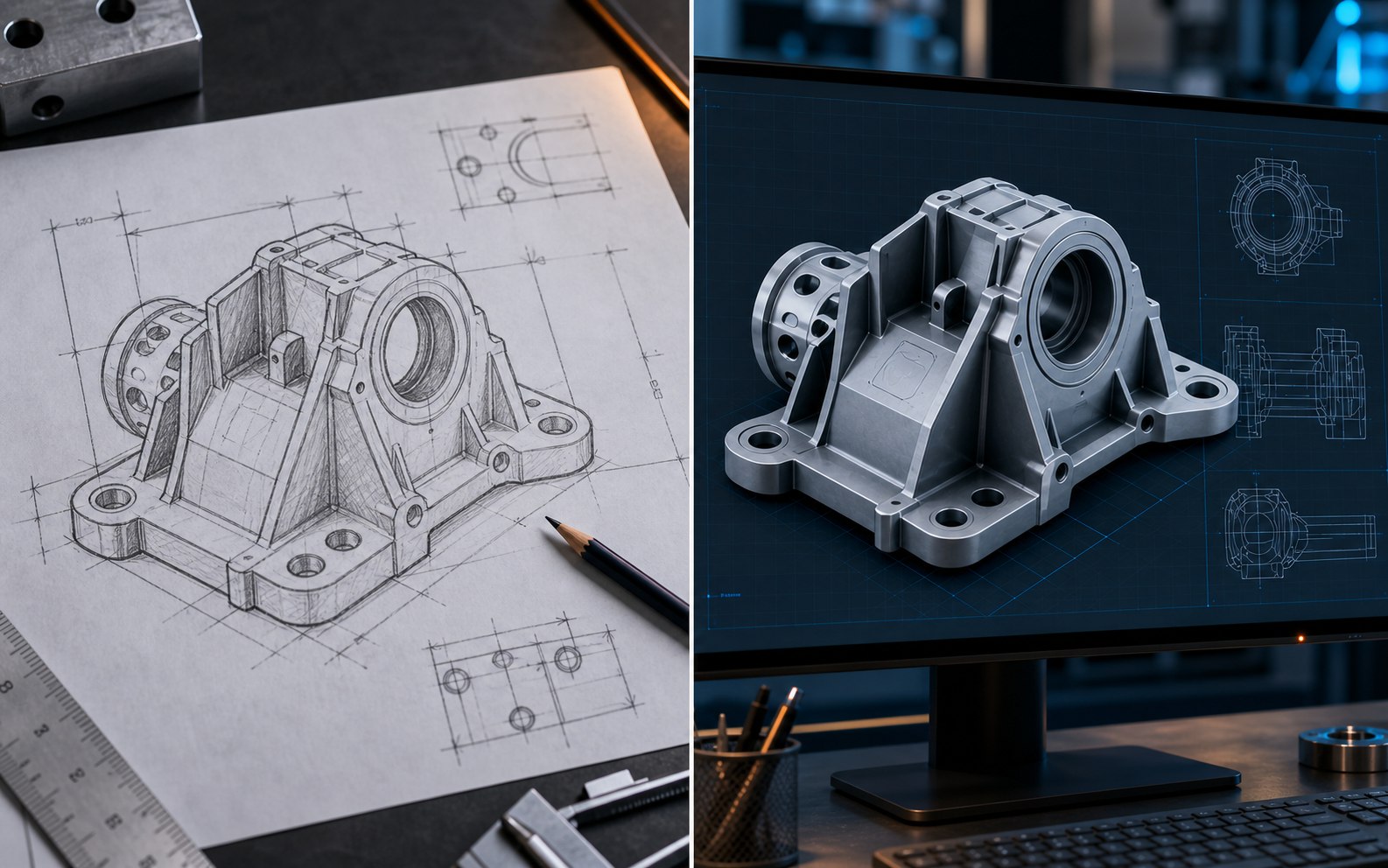 Эскиз технического кронштейна и итоговая CAD-модель