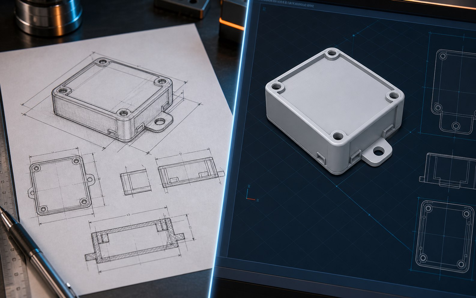 Чертеж корпуса и итоговая 3D-модель корпуса